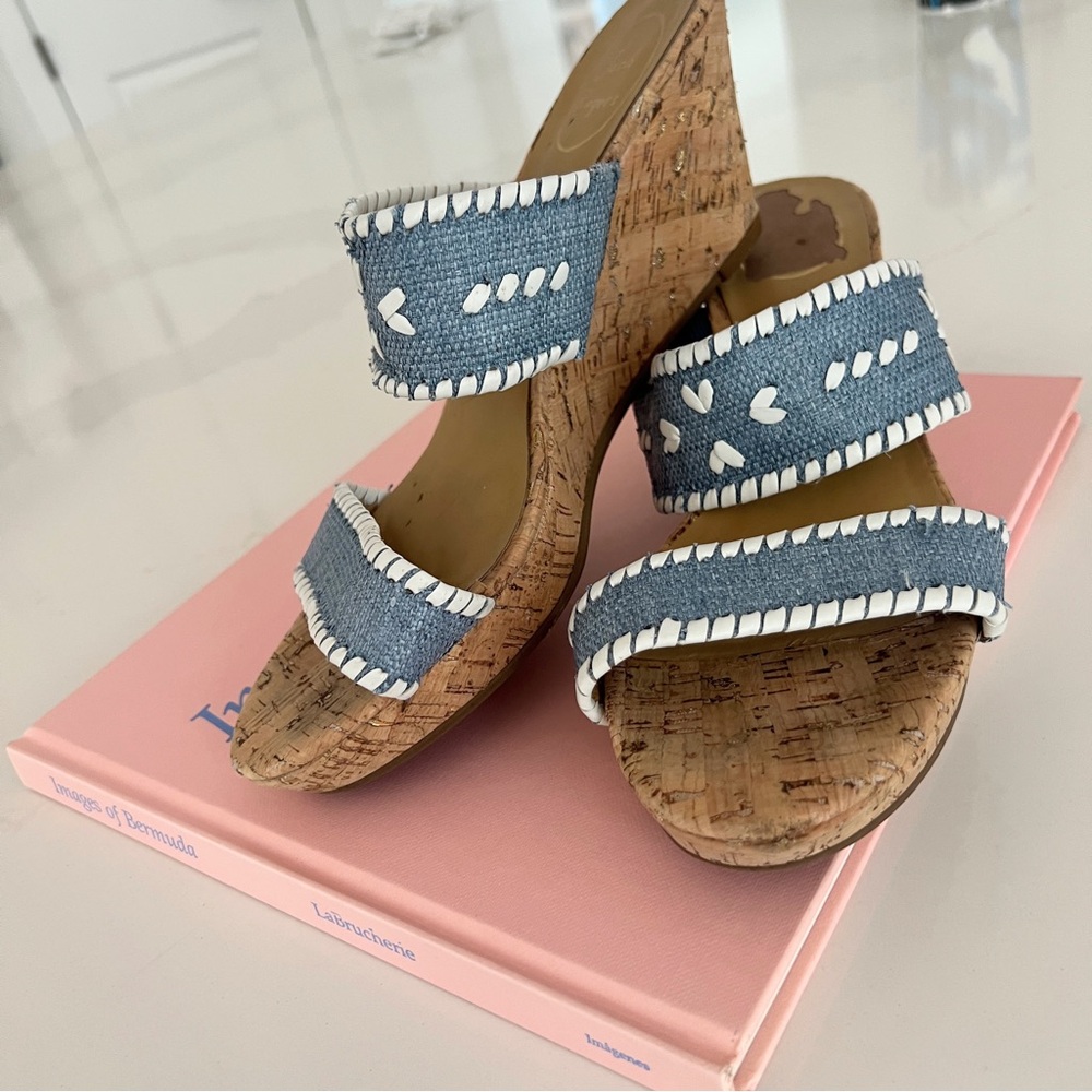 Jack Rogers Wedge Sandals Ella Cork Double Strap Coastal Blue and White Size 10 - Picture 10 of 16
